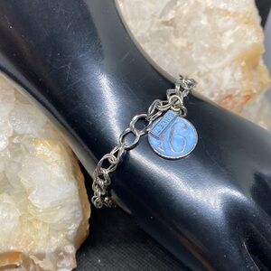 Wells Sterling Silver  Charm Bracelet Sweet 16 Blue Pendant